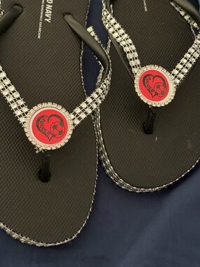 Women's Black Rhinestone Soccer Heart Flip Flops